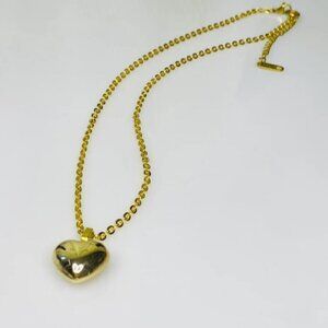 Gold Puffed Heart Necklace Stainless Steel Cable Link Chain